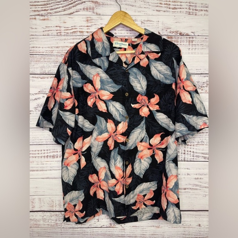 Caribbean Silk Hawaiian Shirt Pink Coral Flowers Mens Size Large 100% Silk